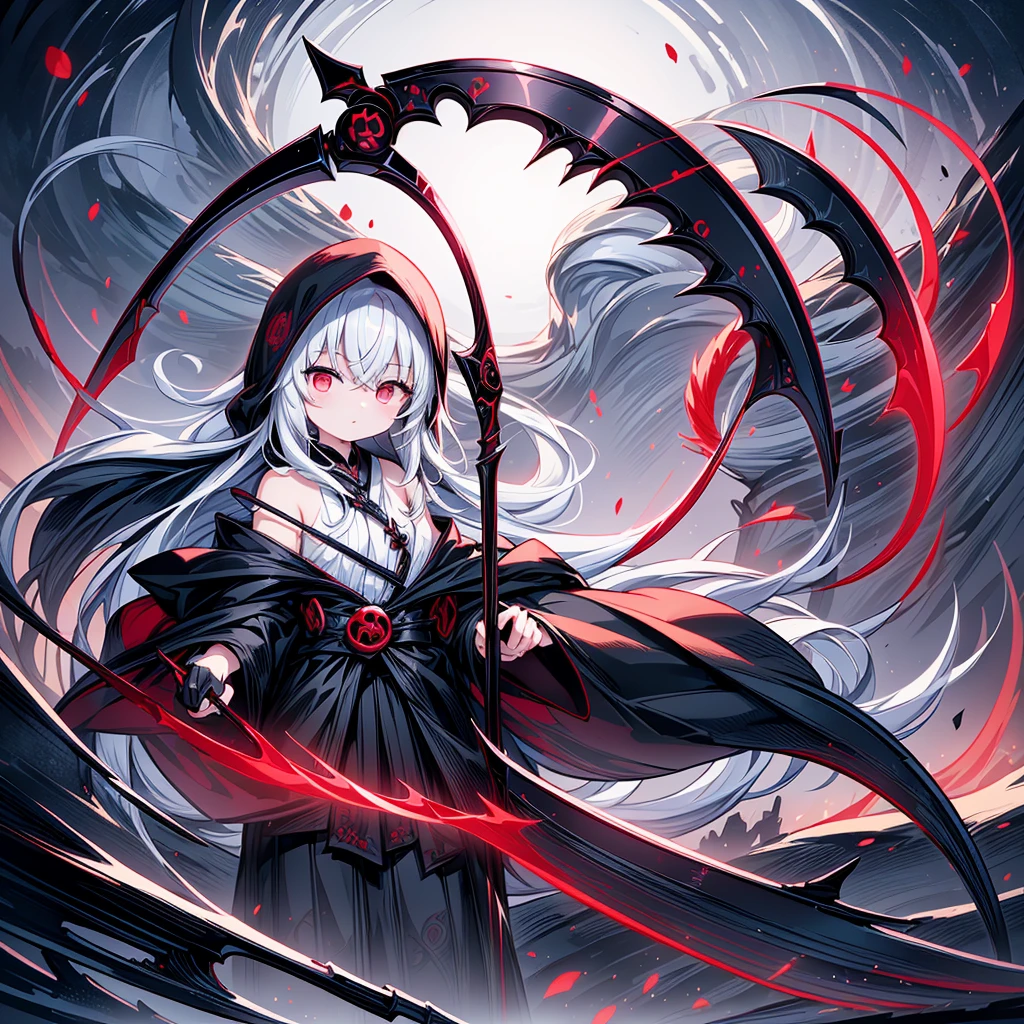 The cover image of the manga, Gray Grim Reaper Scythe, features a cute girl with waist-length white hair and ruby red eyes, standing in a beautiful pose holding a scythe The sickle has a single black handle.Red spider lily fractal art、chaos、chaos、