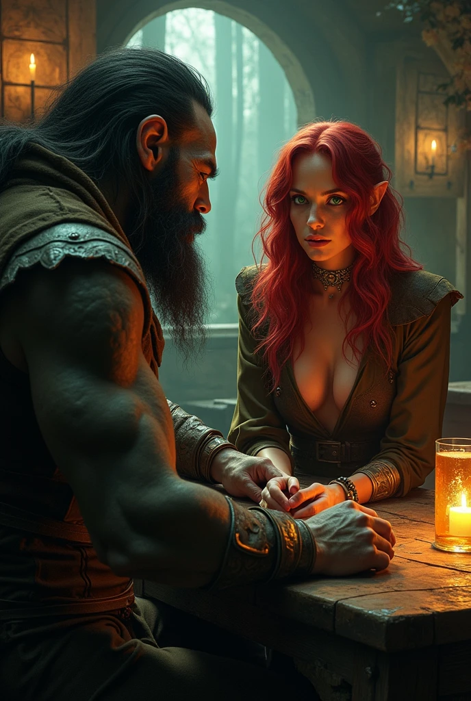 in a fantasy world, a shady tavern, a half elven woman with red mane and green eyes and thick chin and tick nose dressed in a tight and brown low cut trouser and brown small high jacket is leaning on a table dealing with an orc thug