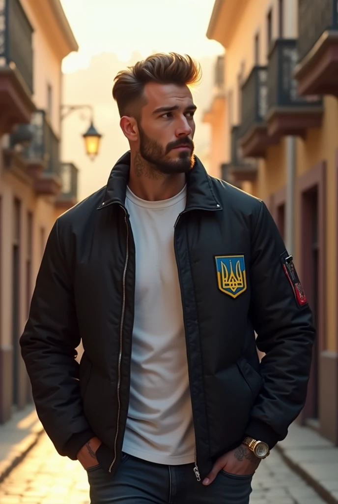 (photorealism:1.2), beautiful man, walking on the street, wearing balck jacket with ukranian coat of arms, white t-shirt, hairstyle like David Beckham in 2016, no tattoos, outdoors, soft lighting, street of Tbilisi background, sunlight weather, relaxed pose, realistic, intricate details, warm colors