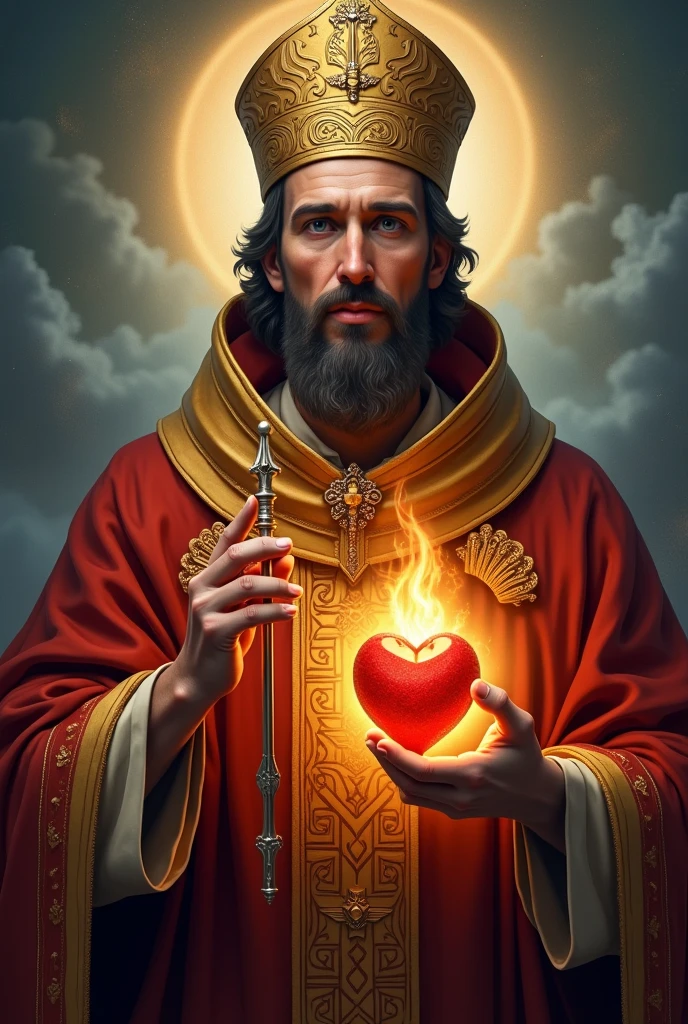 Portray St. Augustine with a deep, contemplative expression, wearing a rich bishop's robe and a detailed mitre on his head. The miter must be clearly visible, with traditional details. He is holding a burning, inflamed heart in one hand.. The background should be celestial and ethereal, with a luminous aura around it and soft lighting that highlights the burning heart, creating an atmosphere of passion and spiritual devotion