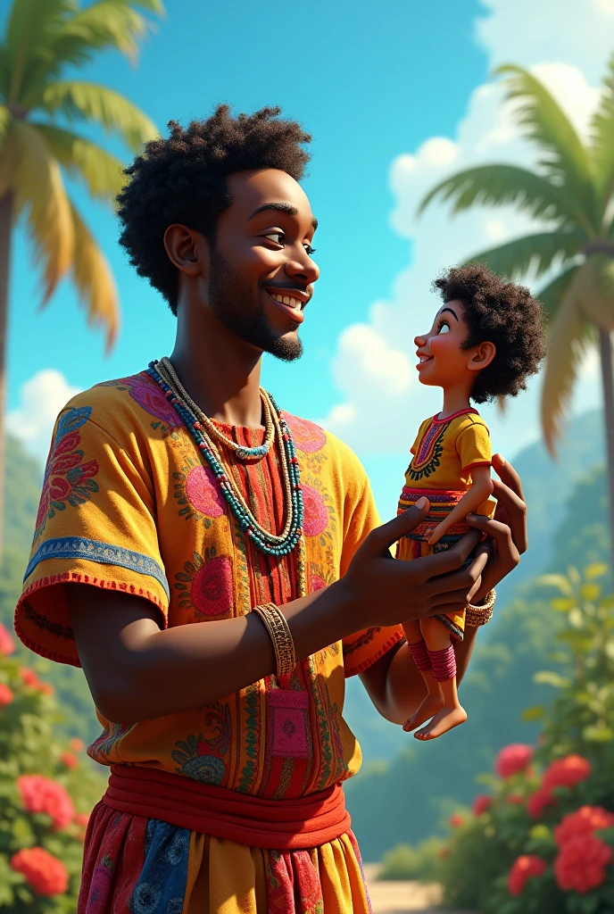 A Disney image with a Venezuelan black man accompanied by a Peruvian huaco doll 