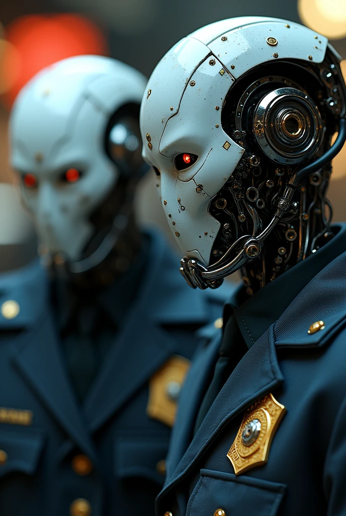 Detective robot brothers portrait, make them close to the camera so their details can be seen, they dress like cops