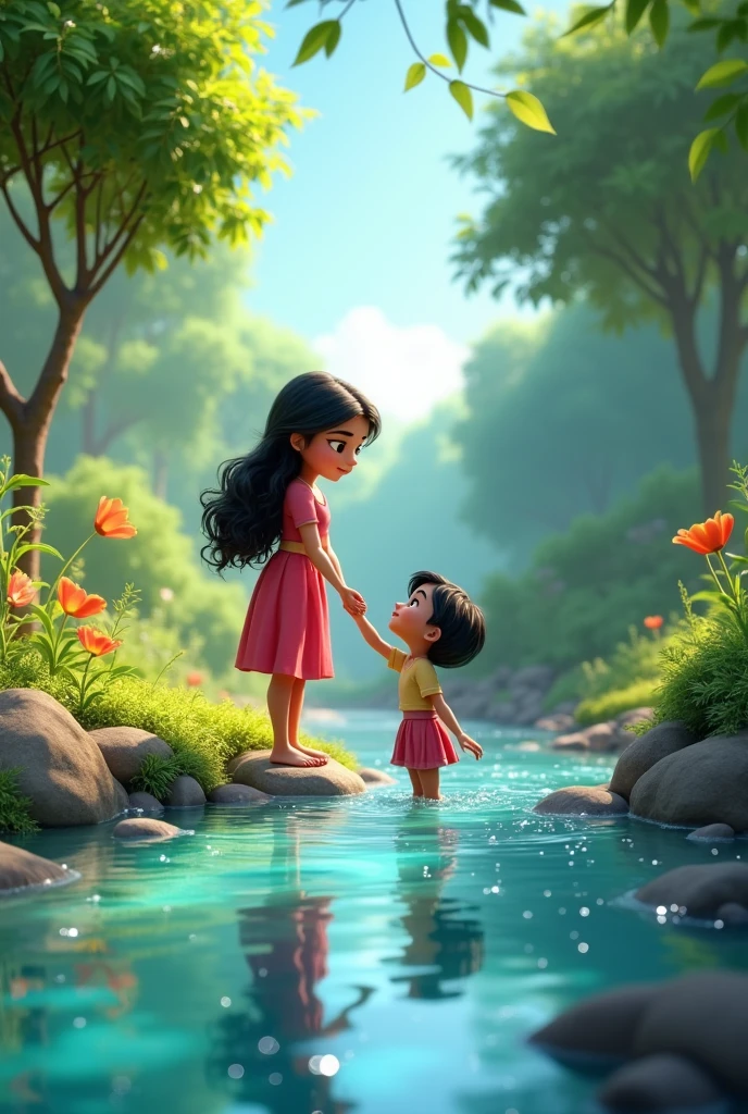 In cenamatic 3d cartoon style ""A picturesque scene of Muskan and Aryan by a crystal-clear stream. Muskan is dipping her hand in the water while Aryan watches her fondly, the surroundings filled with the sounds of nature.
