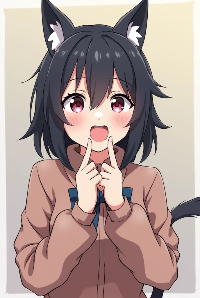 Make an image of a character that nobody calls Nezuku, she is on all fours opening her pussy with two fingers looking at the camera.