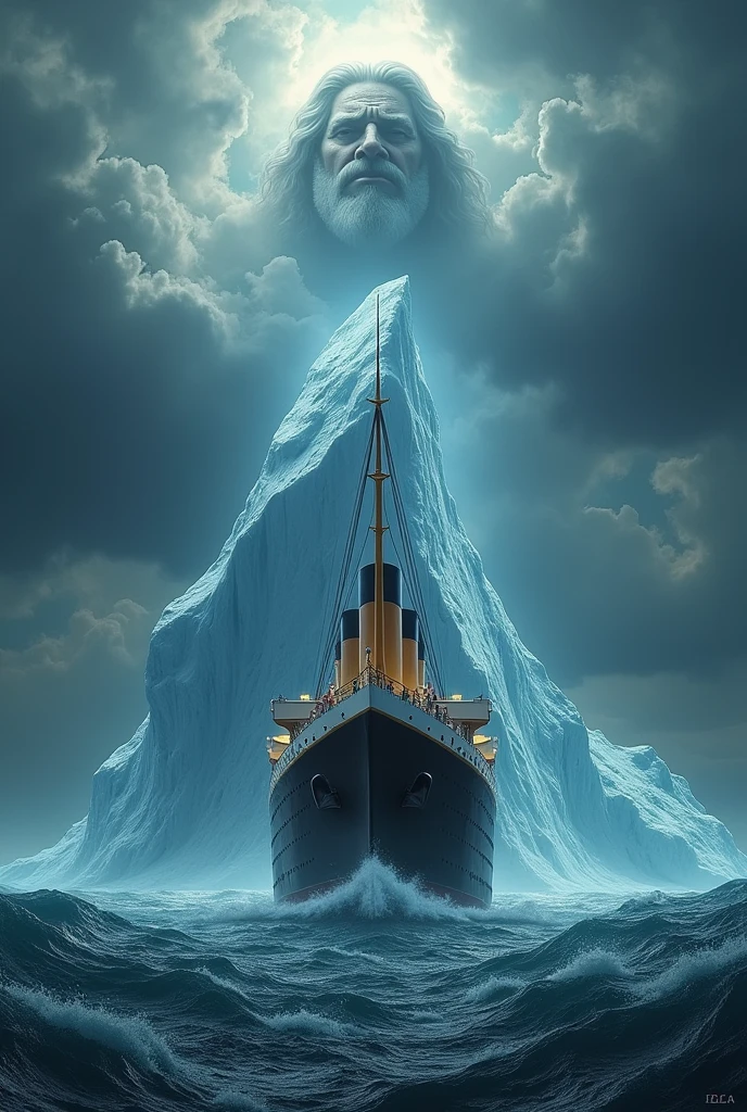 Do the Titanic in front of an iceberg with God in the clouds laughing