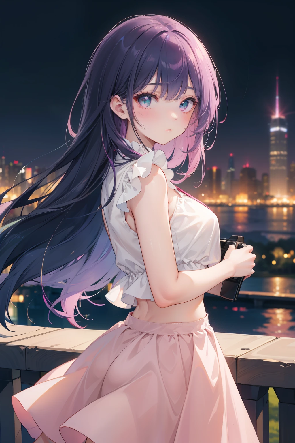 young girl illuminated by soft sunset light. She has long ones, smooth hair of rich dark blue color, hot pink asymmetrical bangs, bright green eyes with golden sparkles sparkle in the light, reflecting her cheerfulness and creative nature. She is wearing a long pink to purple gradient skirt and a crop top.. She holds a camera in her hands., ready to capture another unique moment. City lights can be seen in the background, enlivening the evening landscape and emphasizing her love for life and art