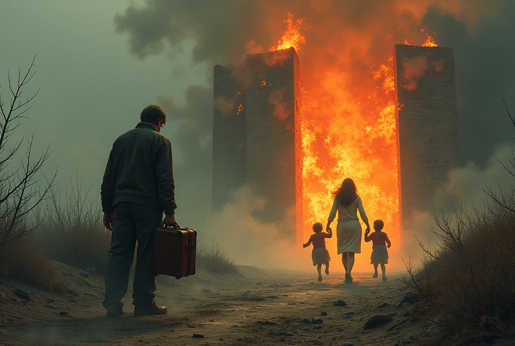 A father is busy, working with a suitcase, alone and uninvolved in the distant glory of heaven, having turned his back. A mother and her Kids are playing far away, very close to the firey gates of hell.