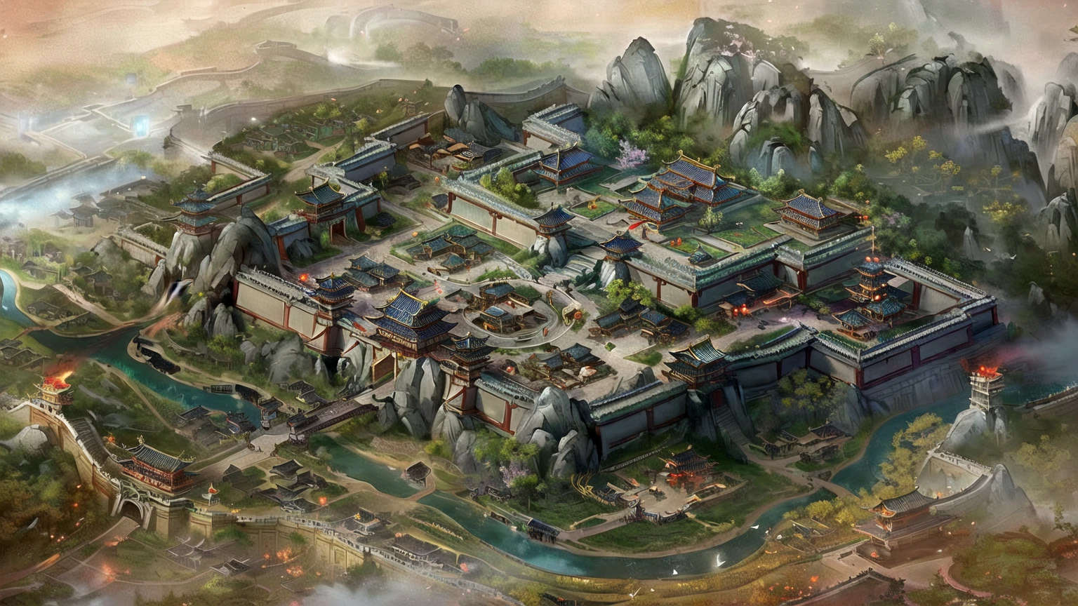 There is a building there,There are many buildings on it。, Beautiful rendering of the Tang Dynasty, Three Kingdoms of China, Game map painting, G Liulian art style, author:Yang J, Ancient city landscape, China Village, Cyberpunk Chinese Ancient Castle, Isometric Game Art, author 王鹗, by Li Zai, author:Ni Yuanlu, Steam Workshop Map