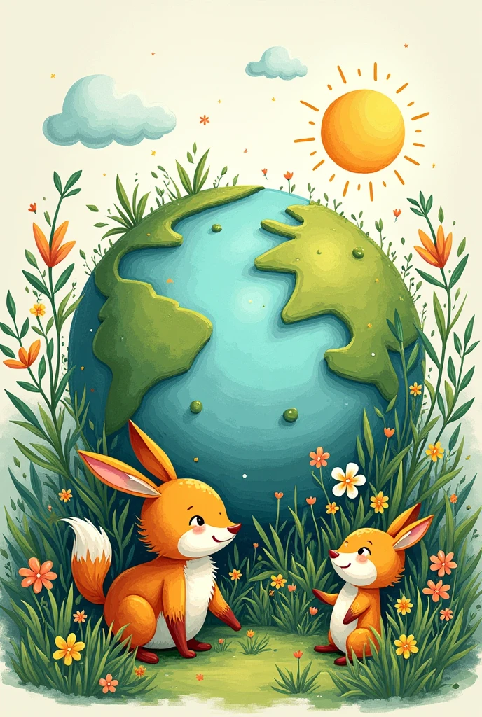 a doodle with animal,nature and big earth at middle