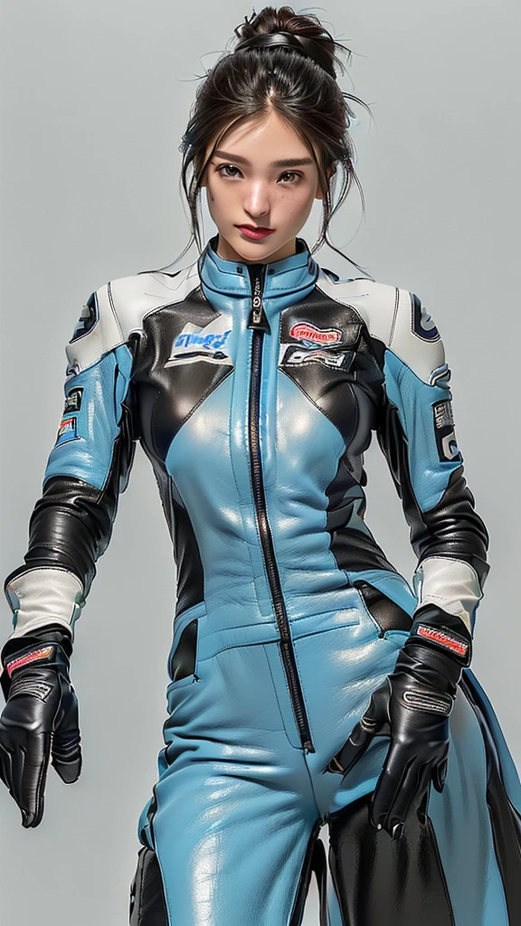 Super delicate beauty, 1 person, Intricate body details,,Unreal Engine:1.4, Enchanted face、Embarrassed face、Open your mouth、Drooling、Wipe away tears、Highest quality、Long limbs、(((motorcycle racing outフィット)))、(((多くのスポンサーのロゴが入ったワンピースbike leather suit着用))、(((blackhead 長い hair))),((Wearing racing leather gloves that cover the fingers and wrists、Wearing long racing leather boots))、Female motorcycle rider、Bike Circuit、Cowhide leather jumpsuit、bike leather suit