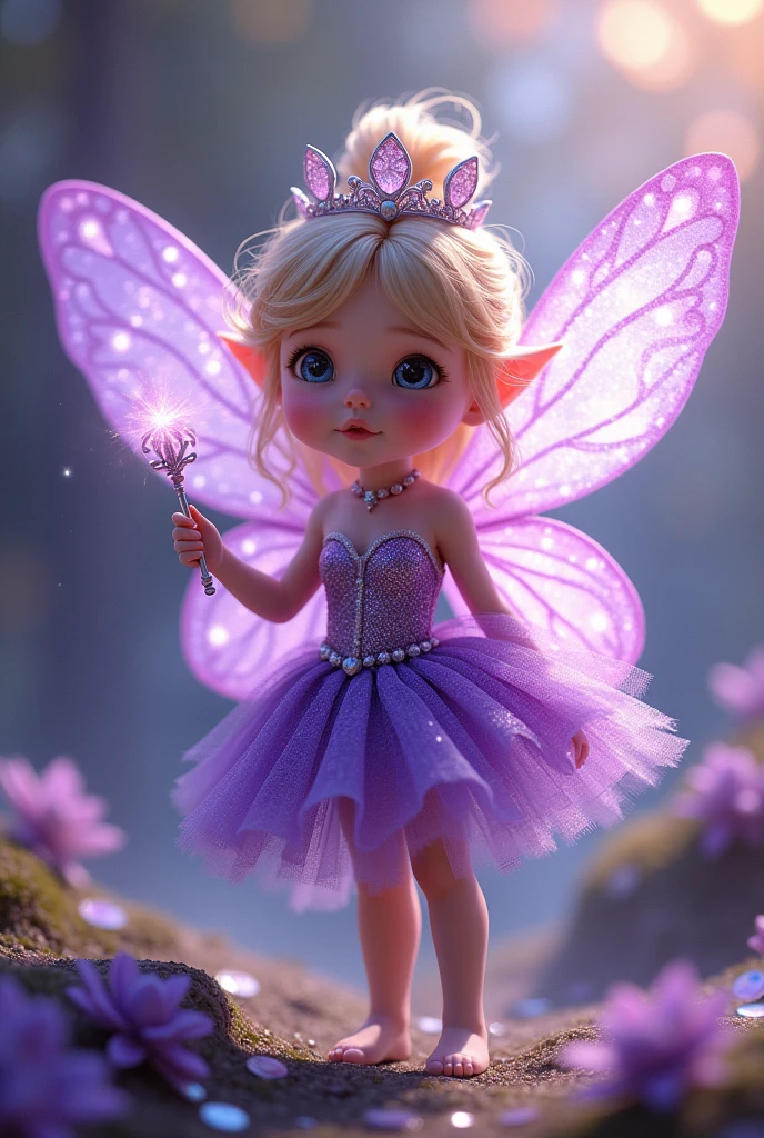 Show me a picture of a little fairy who wore princess dress in a glittery purple color with crown on her head and a magic stick in her hand and she have a glittery purple wings and the size of her wings is one and  half of her size and she's a month old 