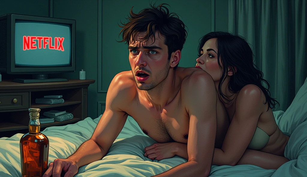 A shocking image of an exhausted young man, wrinkled, perspiring, wearing no shirt, is in desperation seeking success, looking straight ahead, expression frustrated by seeking success and not achieving it, in the background a television with the Netflix logo, bottle of whiskey around and a bed with a half-naked prostitute hugging him from behind, symbolizing the distractions that prevent you from achieving success, Cinematic realistic illustration.