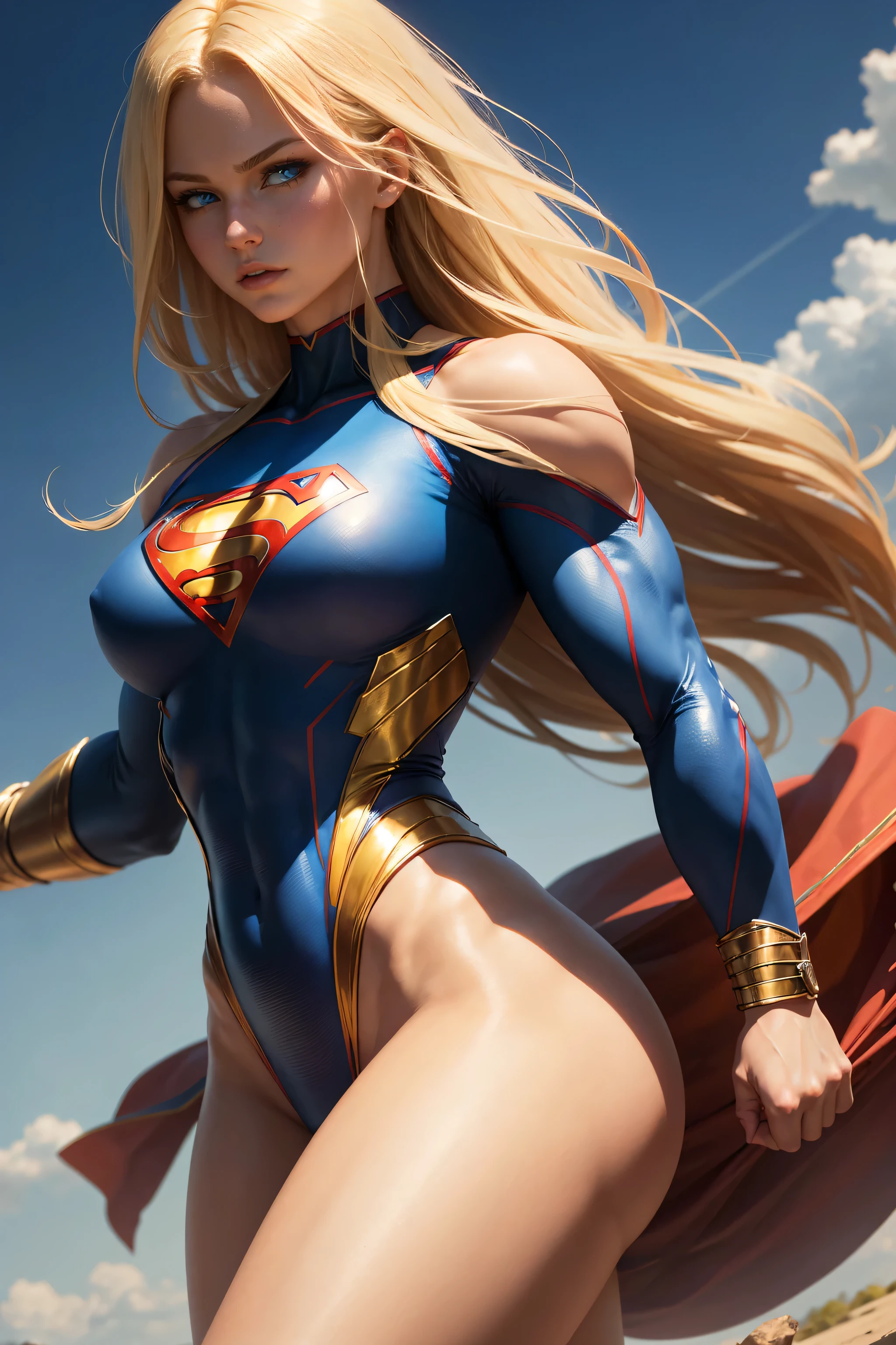 Semi-realistic digital art with soft colored strokes and oil shading. A blonde superhero with long flowing yellow hair, muscular arms and extremely muscular legs, an oval face and almond-shaped blue eyes. She should have a serious expression and be in a confident pose with her hands behind her head. The character is wearing a blue bodysuit with the iconic Superman symbol, an 'S' on the chest. The lighting should highlight her musculature, emphasizing the details of her muscles. Image inspired by Artgerm. She is on a neutral background.