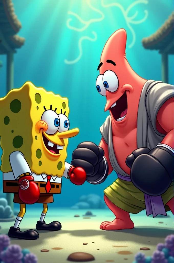 Crée moi une image de bon l'éponge avec des gants de MMA face à Patrick l'étoile de mère en kimono