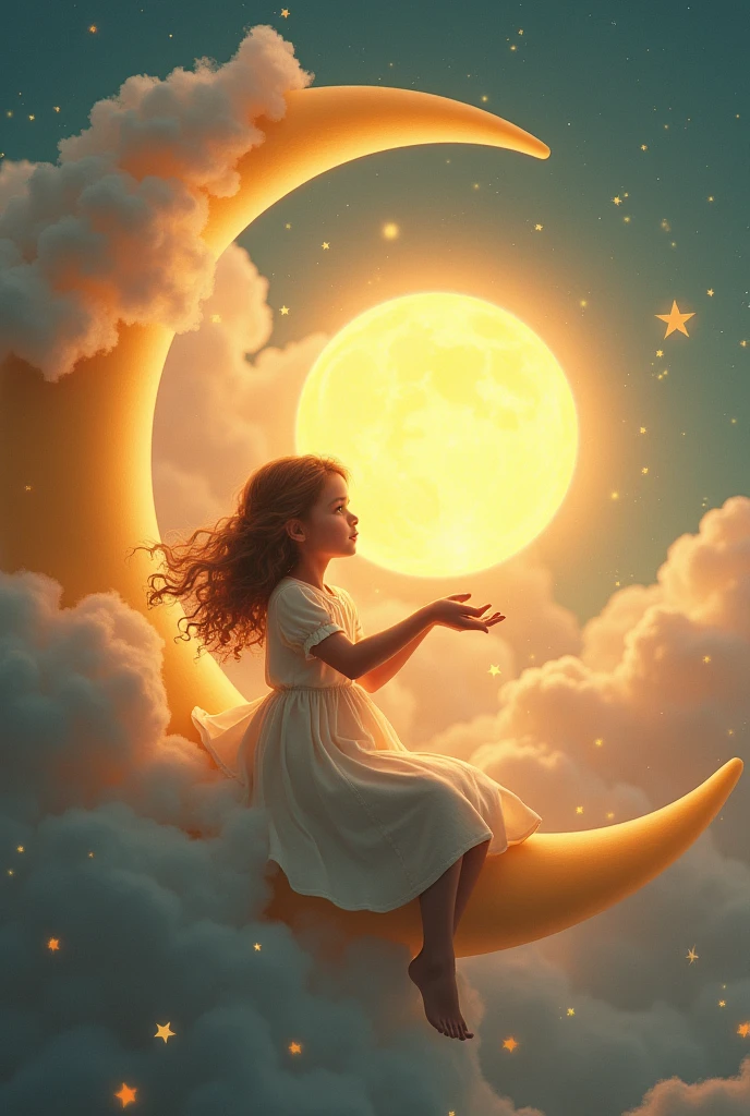Girl holds the sun while sitting on the moon