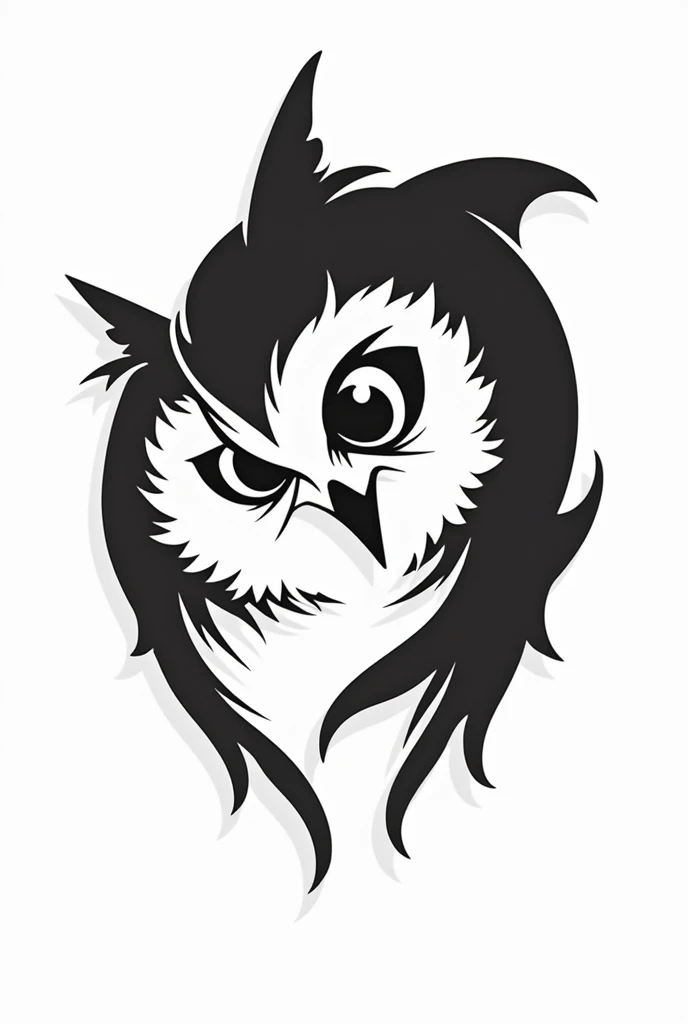 "Create a minimalist black and white tattoo design in Trash Polka style that combines the faces of an owl and a dolphin. The design should blend these two animals in a bold, abstract manner with strong contrasts and dynamic lines, capturing the bond between two brothers while embracing the edgy and graphic elements of Trash Polka."
