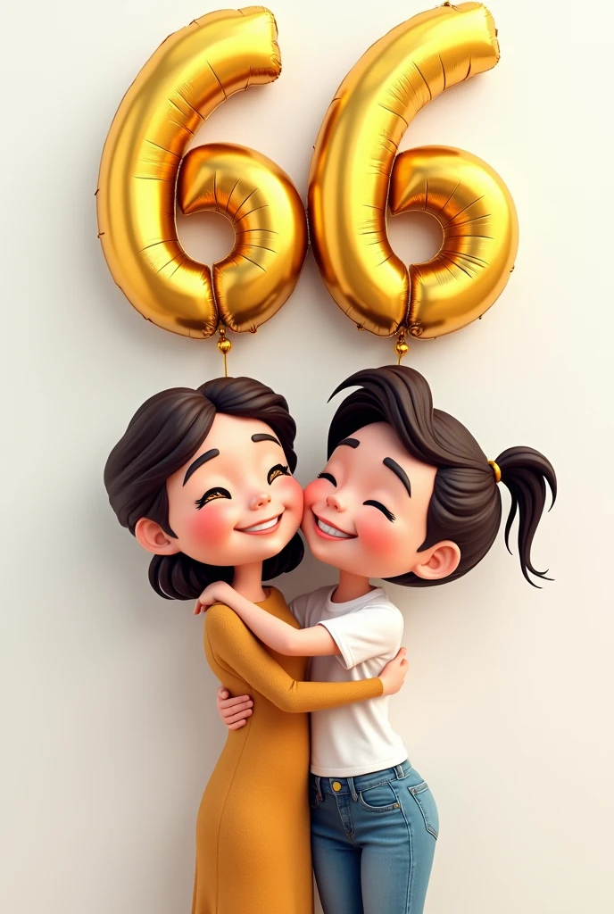 Cartoon character of a couple hugging, Grinning, in front of a white wall, where there are two golden balloons, that form the number 66 in high resolution