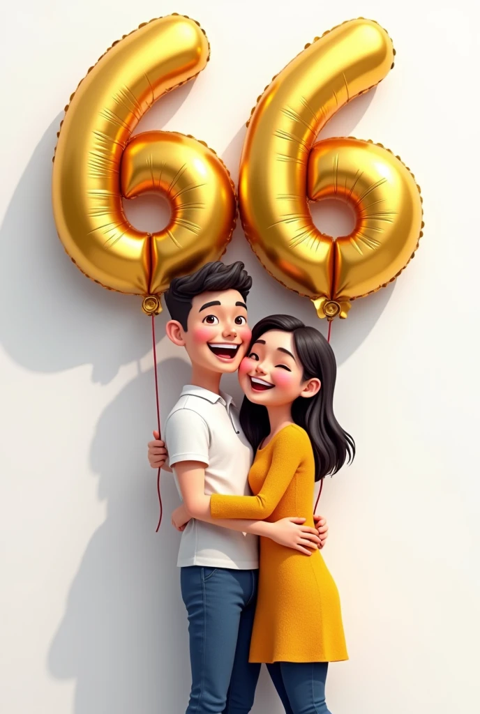 Cartoon character of a couple hugging, Grinning, in front of a white wall, where there are two golden balloons, that form the number 66 in high resolution