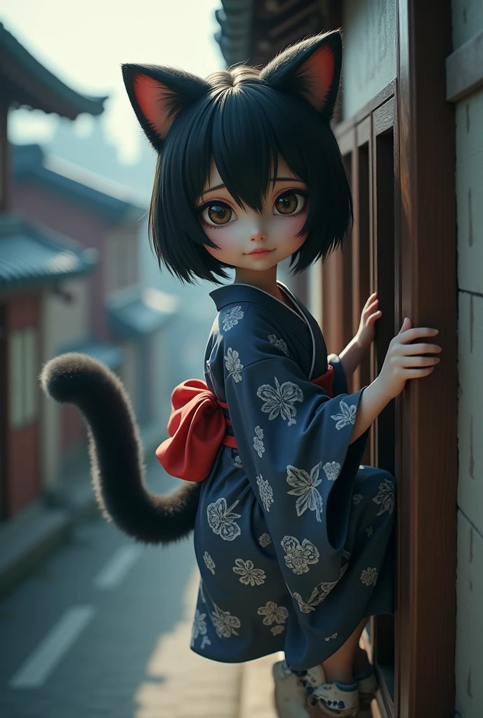 full body display、Japanese Yokai、Cat、The lower half is a cat、The upper body is female、Half Beast Half Man、Cat ears on the head、20age、Short black hair、Cute face、Big eyes、Oblique eye、Wearing a kimono、The tail is2It is divided into two、Live-action、Climbing the wall of a building、