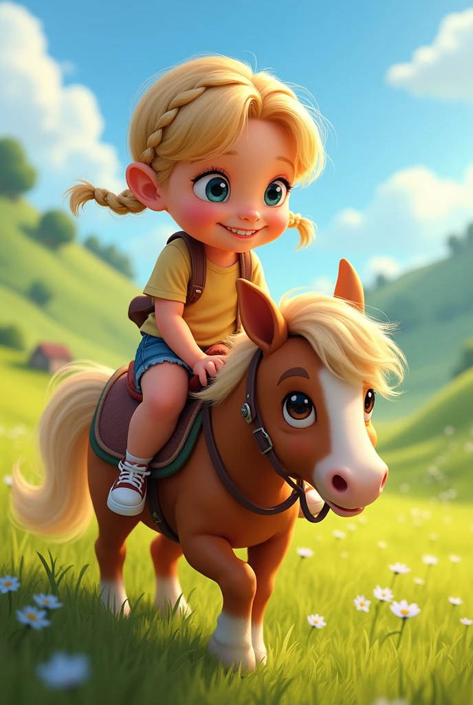 3 year old girl with blond hair, braided, with mischievous eyes riding ea pony