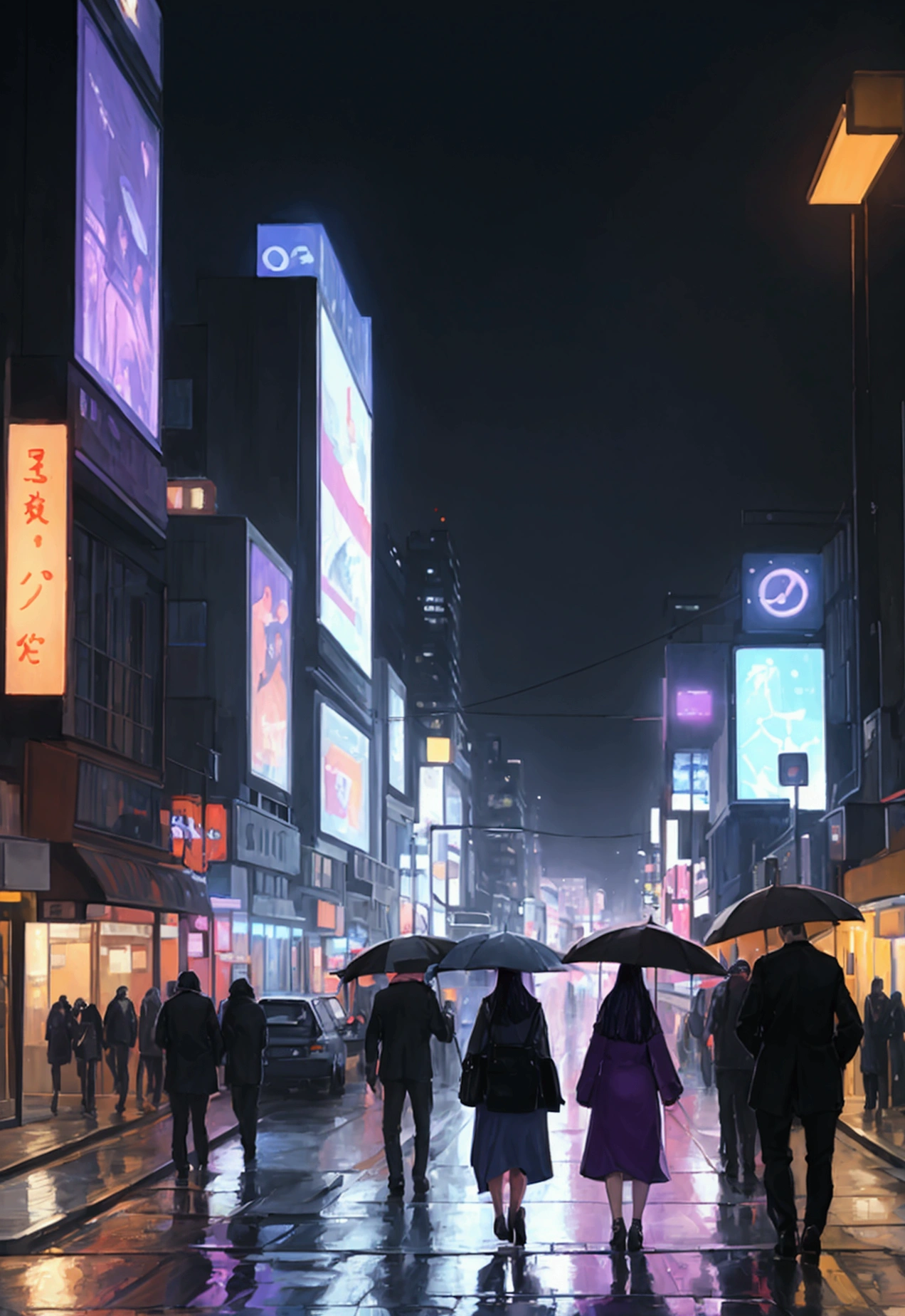 Oil painting of a futuristic street, tall buildings in a distance purple and blue lights, people walking on footpath, and cars on the street. Night time, raining.. realistic