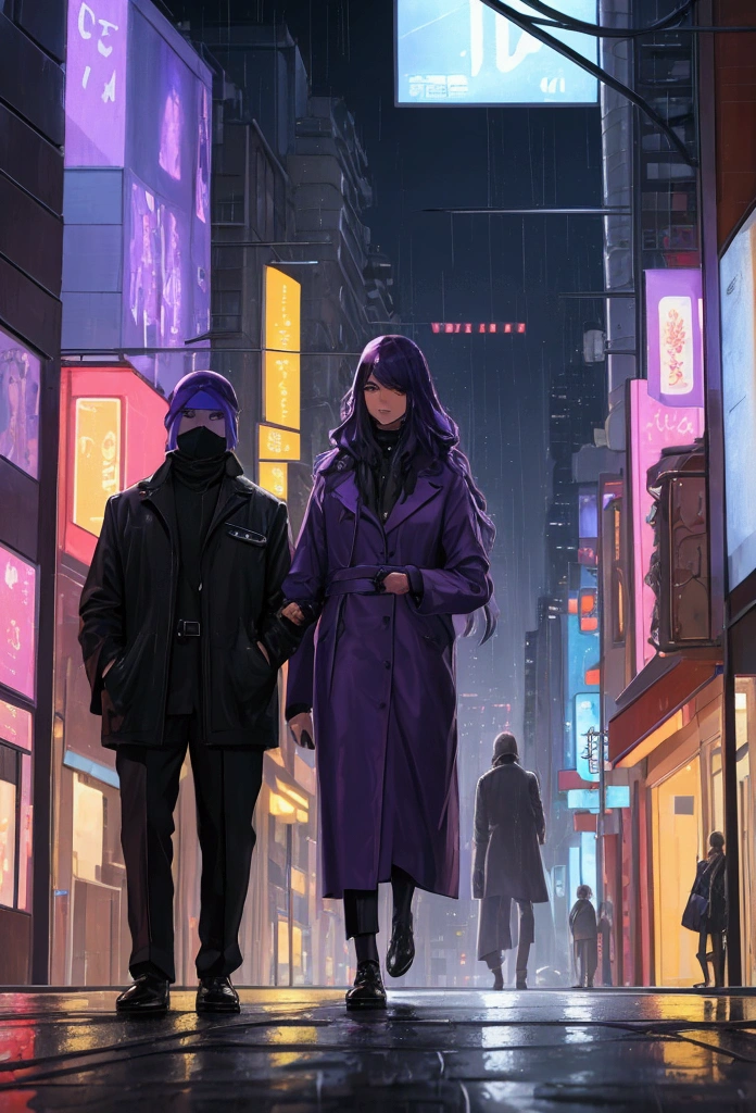 Oil painting of a futuristic street, tall buildings in a distance purple and blue lights, people walking on footpath, and cars on the street. Night time, raining.. realistic