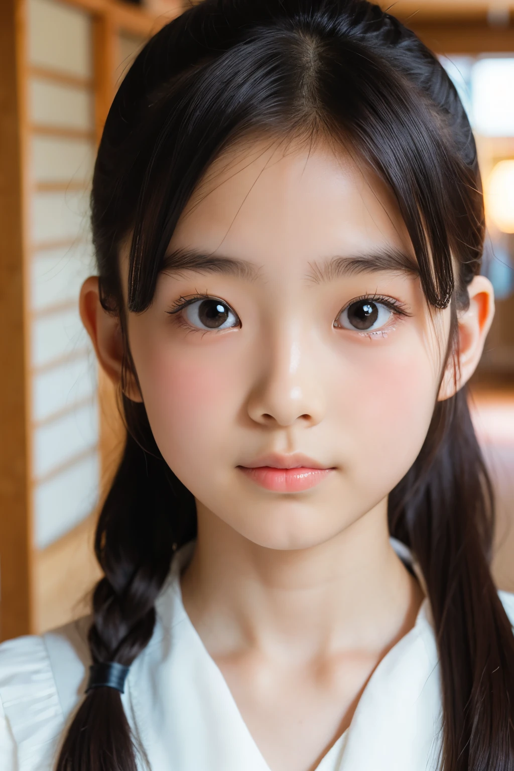 (Beautiful  Japanese female), cute face, (deeply carved face:0.7), (freckles:0.6), soft light,healthy white skin, shy, ponytail, (serious face), (sparkling eyes), thin