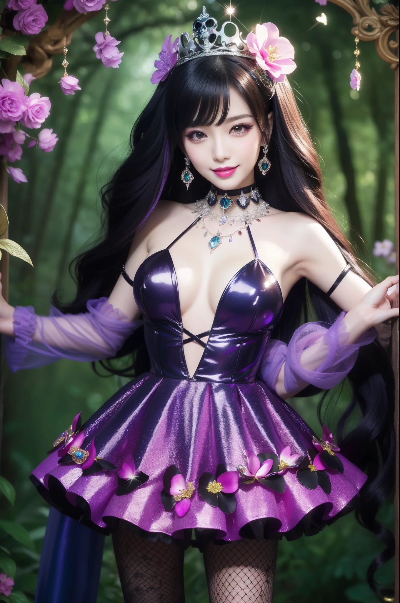 sexy stylish princess who controls poison、beautiful smile、lip-gloss、long lashes、intense makeup、look at the camera、full body Esbian、、sparkling poisoned flower costume、、、、shiny sparkling multicolor hair、secrete poison、skull hair accessories、fishnet tights、shiny sparkling dark magic forest background