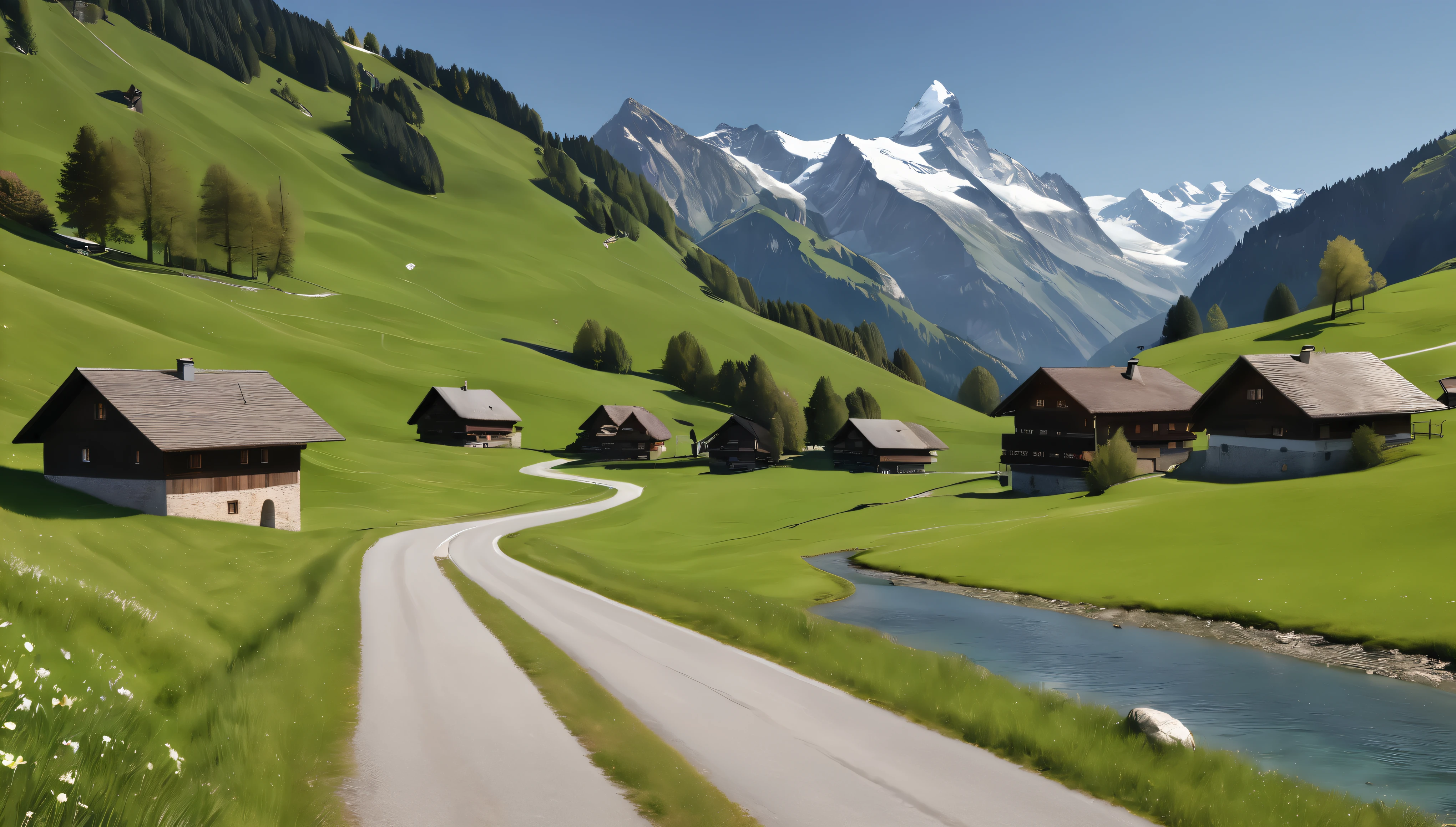 Alpine Village,Switzerland, Grasslands rich in nature, road, spring, Daytime, (Highest quality,4K,8k,High resolution,masterpiece:1.2),Very detailed,(Realistic,photoRealistic,photo-Realistic:1.37),High resolution,超High resolution,Studio Lighting,Vibrant colors,Professional