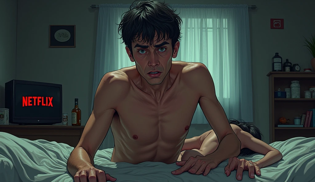 A shocking image of an exhausted young man, wrinkled, perspiring, wearing no shirt, is in desperation seeking success, looking straight ahead, expression frustrated by seeking success and not achieving it, in the background a television with the Netflix logo, bottle of whiskey around and a bed with a half-naked prostitute hugging him from behind, symbolizing the distractions that prevent you from achieving success, Cinematic realistic illustration.