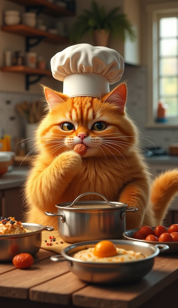 a fluffy giant orange fat cat in a kitchen,wearing a chef's hat,cooking a meal with tiny pots and pans,tasting the food,highly detailed,photorealistic,8k,studio lighting,beautiful colors,dramatic lighting,elegant composition,whimsical,cute,adorable,intricate details,warm atmosphere,cozy kitchen