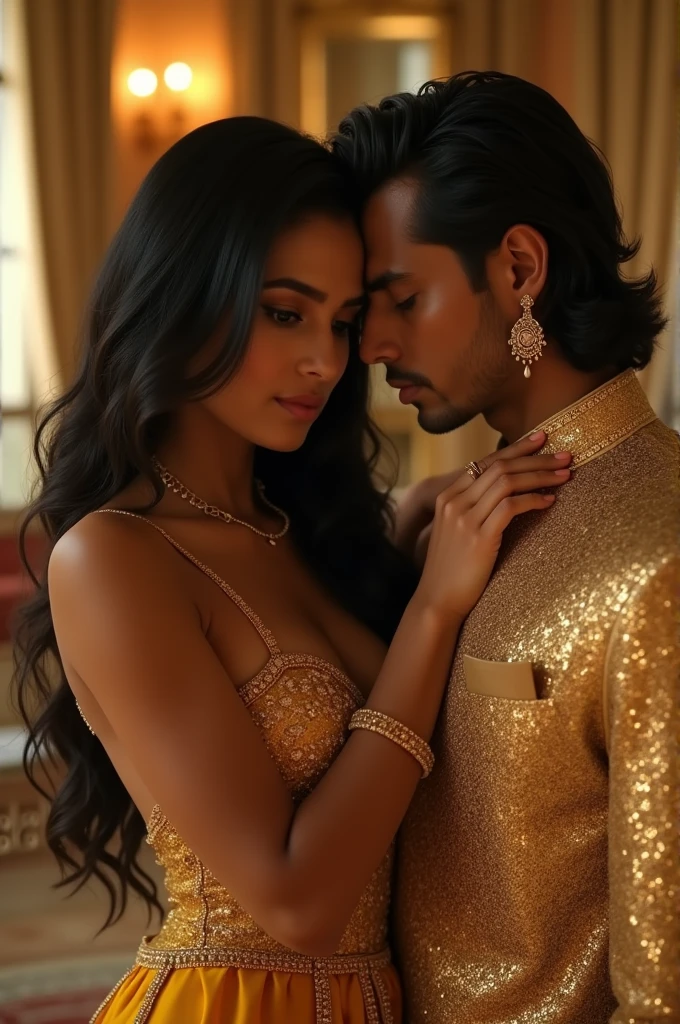 1sexy indian girl,1 handsome boy,girl wearing beautiful ethnic dress,gold earring,gold braclet,golden haar,beautiful long black hair,boy wearing pant kameez,boy standing girl back and hugged her,kissing on the neck her,beautiful face,attractive red lips,attractive big breast,elegant pose,full body image,8k resolution,realistic,photostudio background