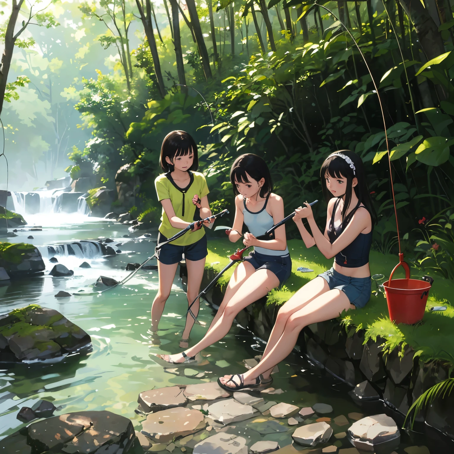 masterpiece, Highest quality,plural, Three Girls, In a beautiful river、fishing、(Holding a fishing rod:1.4)、Fishing with a net、(Holding a bucket)、Water Play、Sandals, Black Hair, short hair、Long Hair, Hair ties, hair band, hair ornaments, Swimwear、Shorts, skirt、dappled daylight、Outdoor, nature, rock, Grassland、
