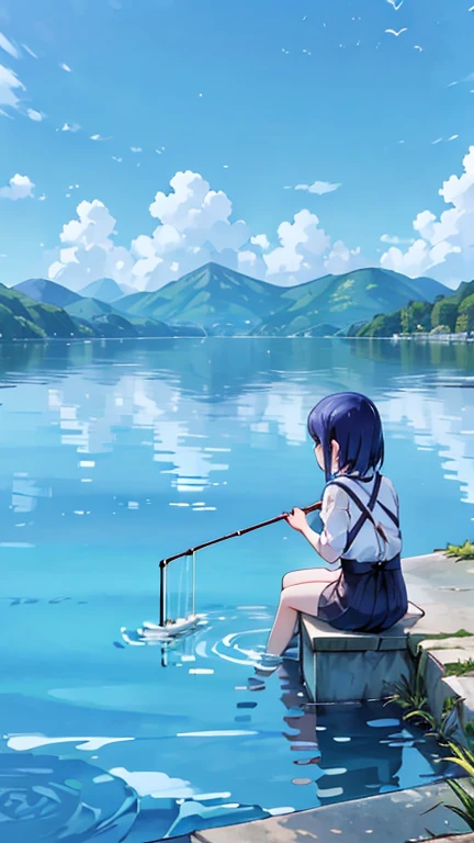 Woman fishing in the sea