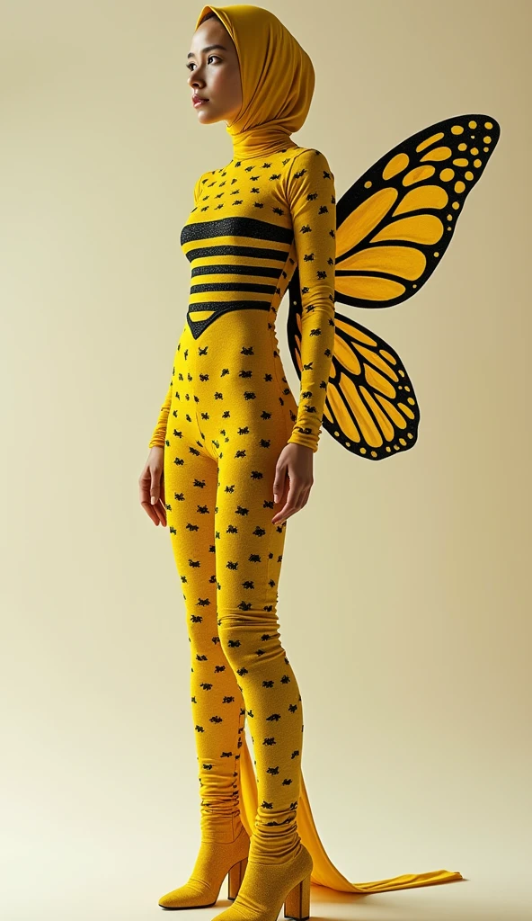 a beautiful and thin malaysian asian muslim adult girl with a shiny and beautiful face wears yellow bee lycra turtleneck unitard catsuit covered with black stripes with a pair of wings and always wear bee lycra dancewear hijab covered with black stripes.She is buzzing.