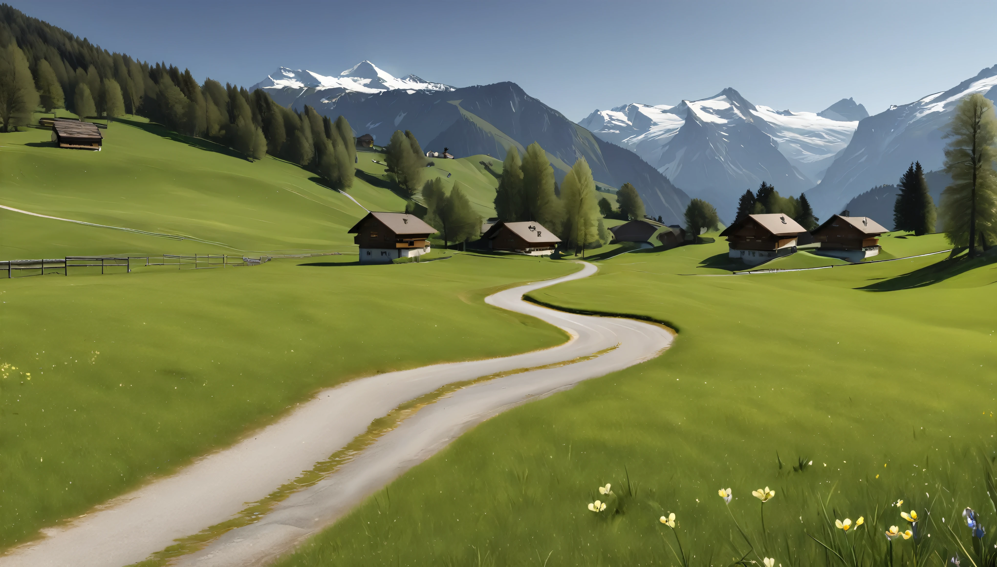 Alpine Village,Switzerland, Grasslands rich in nature, road, spring, Daytime, (Highest quality,4K,8k,High resolution,masterpiece:1.2),Very detailed,(Realistic,photoRealistic,photo-Realistic:1.37),High resolution,超High resolution,Studio Lighting,Vibrant colors,Professional