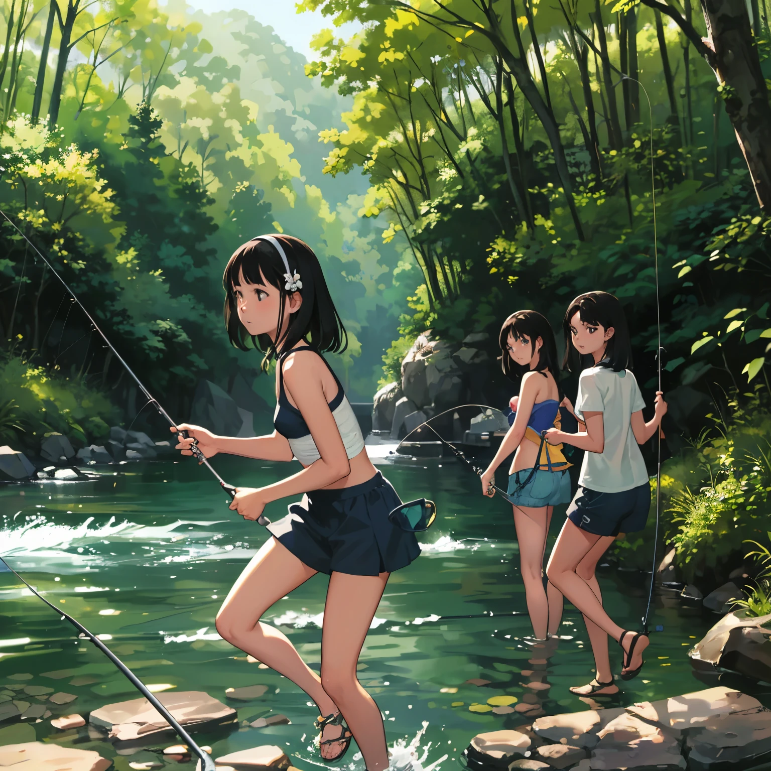 masterpiece, Highest quality,plural, Three Girls, In a beautiful river、fishing、(Holding a fishing rod:1.4)、Fishing with a net、(Holding a bucket)、Water Play、Sandals, Black Hair, short hair、Long Hair, Hair ties, hair band, hair ornaments, Swimwear、Shorts, skirt、dappled daylight、Outdoor, nature, rock, Grassland、
