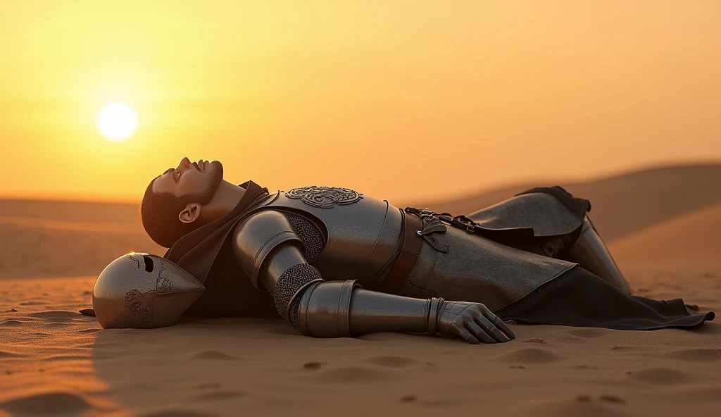 {
  "description": "A highly realistic, high-contrast, 8K HD, detailed, hyper-detailed image of a dramatic scene in a desert at sunset. The protagonist, a medieval knight clad in steel armor, has been decapitated with a sword, and his head lies on the ground nearby. The knight's body remains upright, while the helmeted head, without any blood, has rolled onto the sandy ground. The scene captures the somber and intense moment, with the desert landscape bathed in the warm, golden light of the setting sun. The environment is barren, with soft shadows cast by the dunes. The protagonist's armor and helmet reflect the fading light, emphasizing the gravity of the moment. The lion emblem is not present on the protagonist's armor, differentiating him from Tadakoro. The image is of the highest quality, with ultra-high resolution, RAW photo quality, and Unreal Engine rendering, creating a striking and emotional portrayal of the protagonist's tragic fate.",
  "elements": [
    {
      "subject": "protagonist",
      "armor_type": "steel",
      "scene_type": "desert",
      "time_of_day": "sunset",
      "action": "decapitated",
      "emblem": "none",
      "blood": "none"
    }
  ]
}
