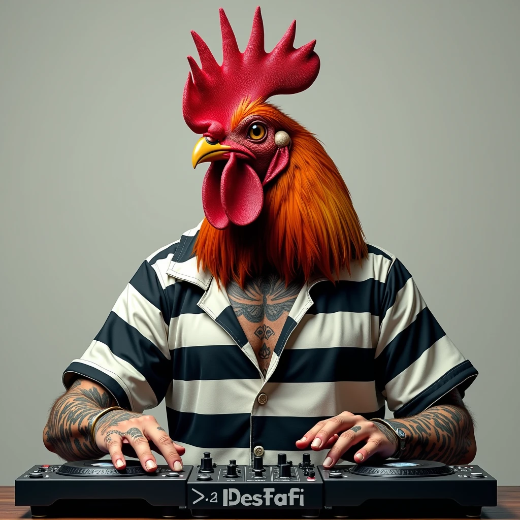 realistic image of a rooster color red orange and black feathers, in black and white striped prison clothes, with tattoos, playing with DJ equipment