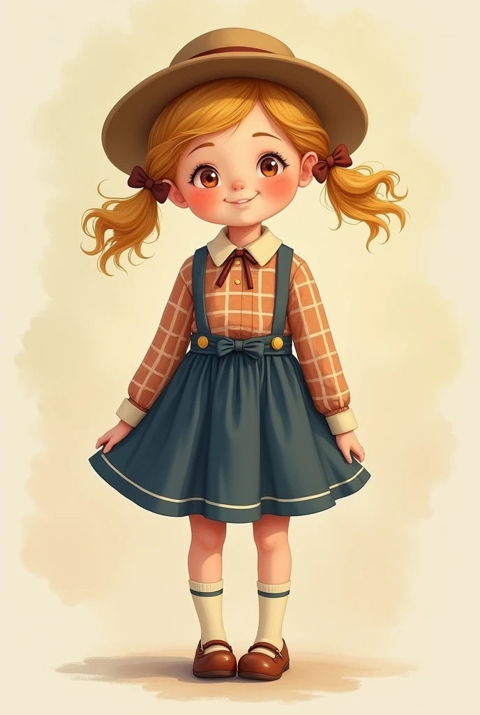 Create a 6 year old girl with blue and black plaid blouse, navy blue short skirt with satin bow on the front, Add accessories that recall the fashion of the 70s to match the outfit. It could be a hat, sock etc..