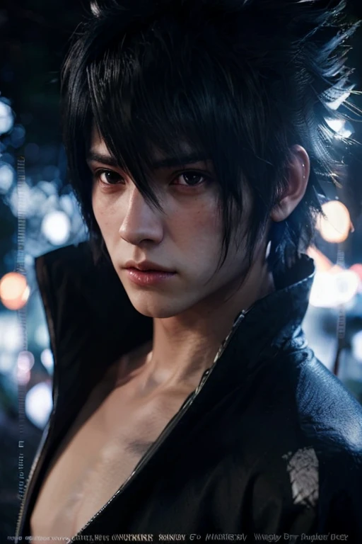 young man, pale skin, spiky black hair, black eyes, big lips, white clothes, Sasuke Uchiha, realistic, 3d, forest, sword