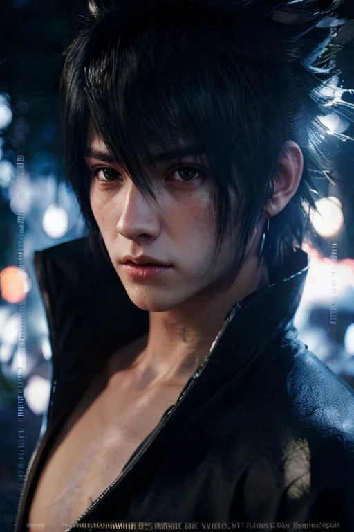 young man, pale skin, spiky black hair, black eyes, big lips, white clothes, Sasuke Uchiha, realistic, 3d, forest, sword