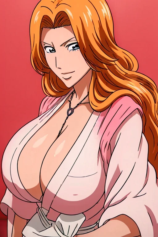masterpiece,Beautiful Face, between breasts,刀を胸に挟む,In underwear,bright red face,,Textured skin, full body,orange hair,Beautiful white skin with a pinkish tint,In underwear,Too big breasts,Great style,Matsumoto Rangiku,Blushing, Red face, Put a stick in your chest,Shy, Red face,smile,