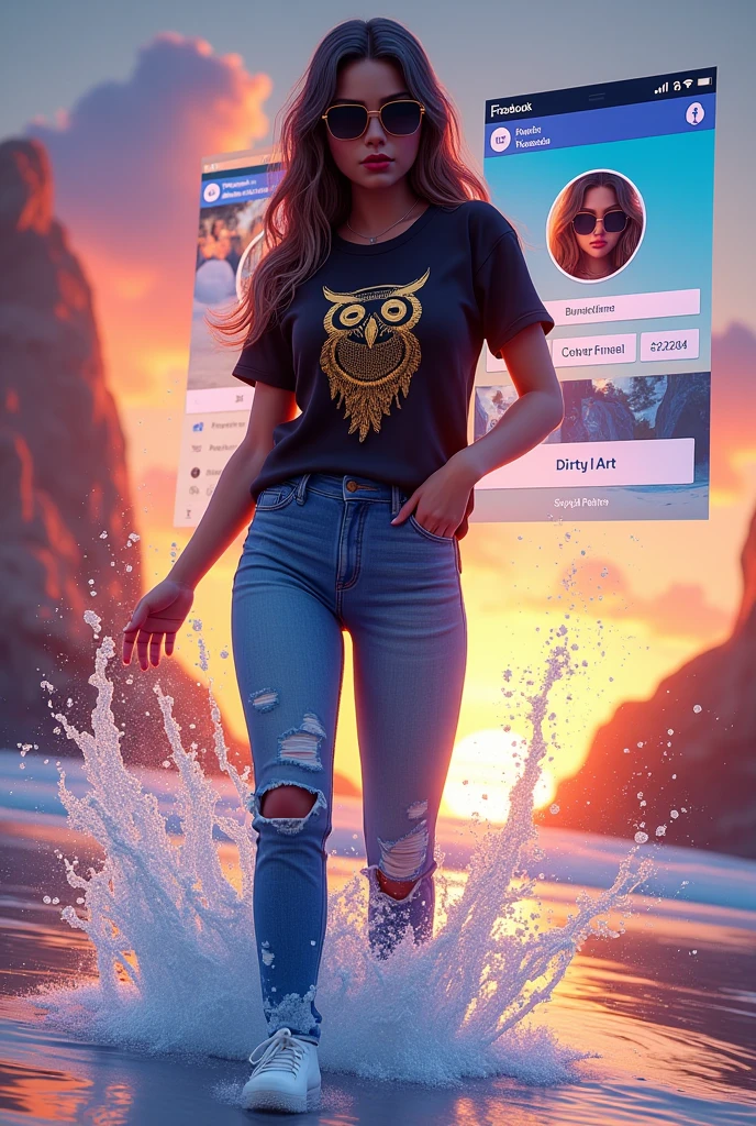 
✨️Create a 3D illustration of a realistic young woman character coming out of social networks Facebook. The character name is Suja AI Art, and wears jeans, Black t-shirt with golden owl appliqué on it, y white sneakers, dark sunglasses, colored water effect. The background is the social media profile page with a username "Dirty AI ART" and his profile picture and the beautiful sunset profile cover on the beach. No