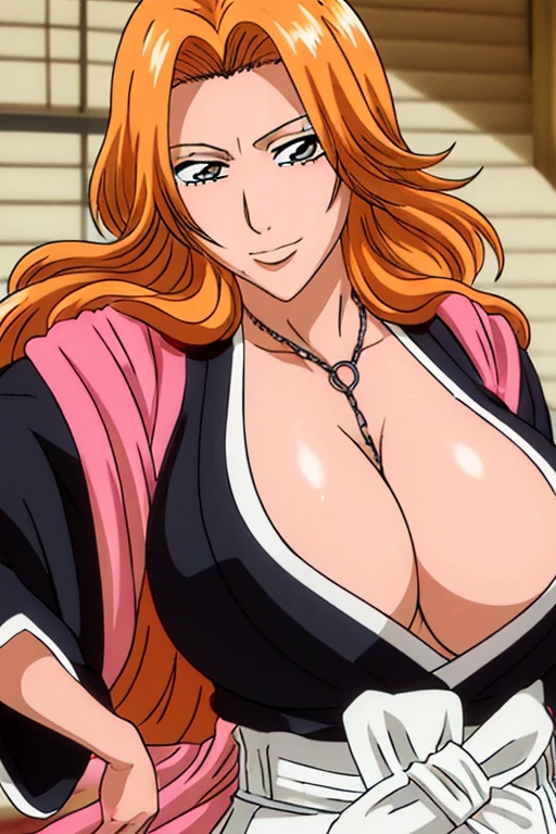 masterpiece,Beautiful Face, between breasts,刀を胸に挟む,In underwear,bright red face,,Textured skin, full body,orange hair,Beautiful white skin with a pinkish tint,In underwear,Too big breasts,Great style,Matsumoto Rangiku,Blushing, Red face, Put a stick in your chest,Shy, Red face,smile,