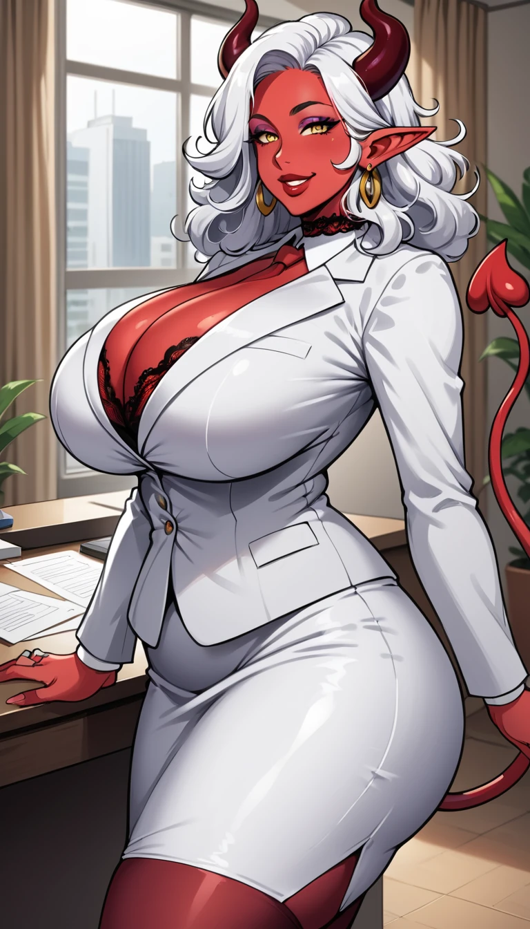 mature female, mom, milf, 40 year old woman, demon, ((red skin)), demon horns, devil tail, elf ears, white hair, messy hair, big hair, sidelocks, amber eyes, ((red lips)), thick lips, puffy lips, smile, parted lips, makeup , eyeshadow, hourglass figure, tall, wide hips, ((thick thighs)), big ass, (huge breasts), sagging breasts, skindentation, tall, oily breasts, business suit, pencil skirt, tie, leggings, ((lace)), ((big earrings)), choker, (ring), indoors, office, window, (sexy pose), dynamic pose, hip and thigh focus, oily breasts, head tilt,