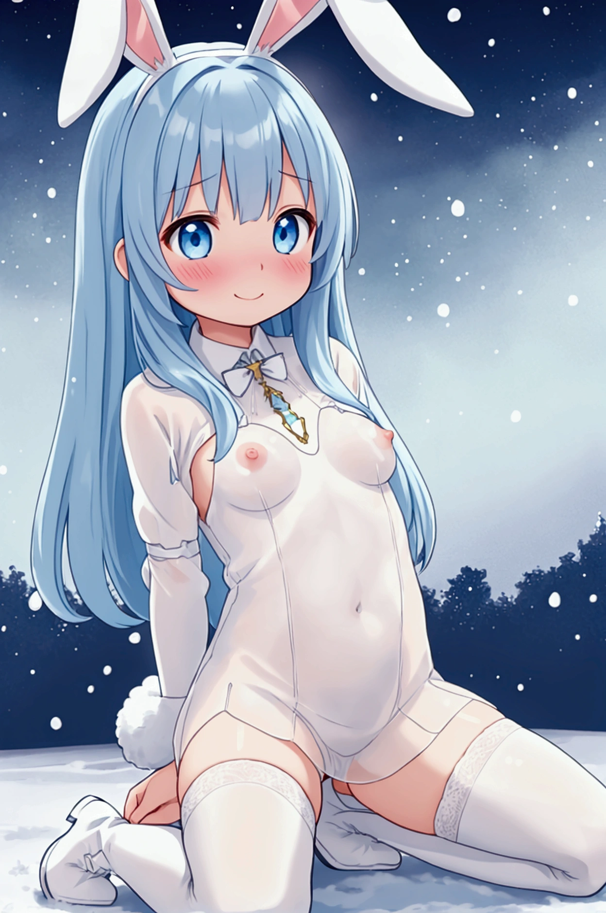 Girl、smile、Embarrassed、Bunny ears、Bunny tail、Light blue hair color、long hair、Young、See-through dress、Small breasts、See-through nipples、spread legs、See-through、Kneeling、Snow Scene、White Stockings、boots