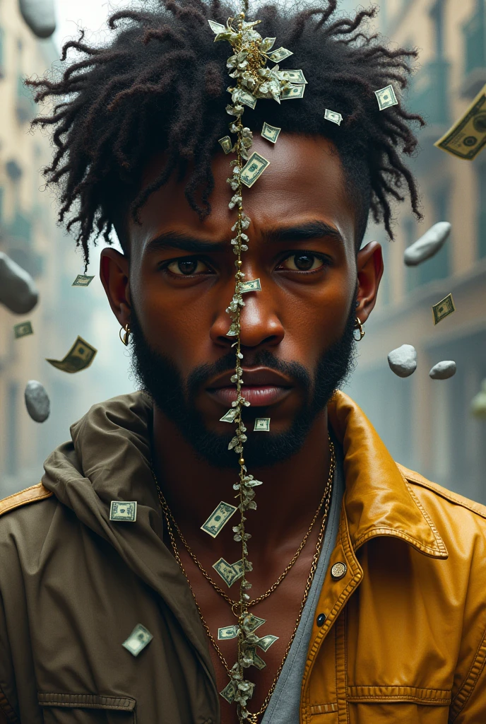 Divide an image with a vertical line that is located in the center of the image, On the left side put a black person with poor clothing and a torn shirt, suffering from economic situations makes stones fall on the left side . And on the right side put a black person with elegant and high-class clothing enjoying his riches and money where on the right side money falls (keep people focused, looking forward)
