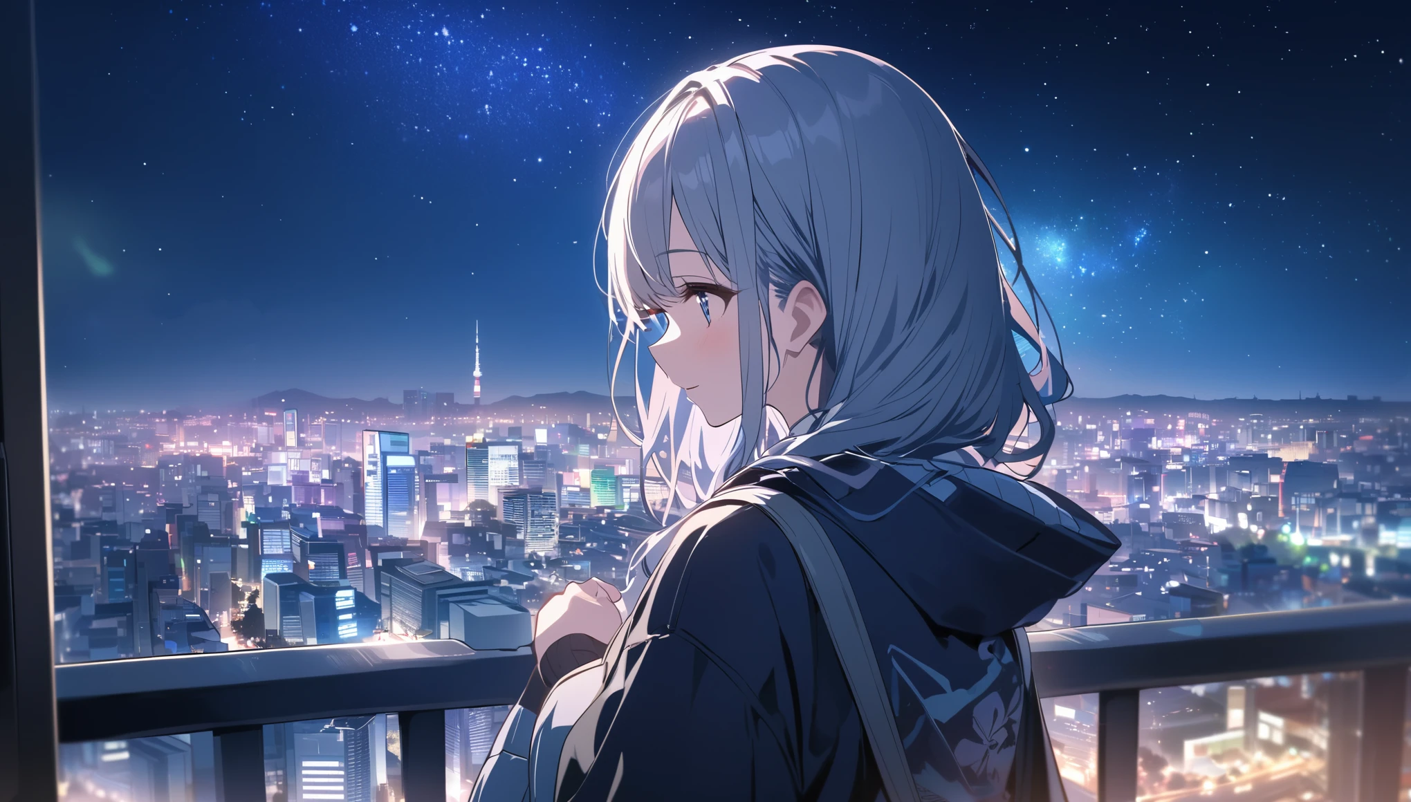 A woman looking at the city of Tokyo,Night starry sky,Streetscape、listen to music、Japanese