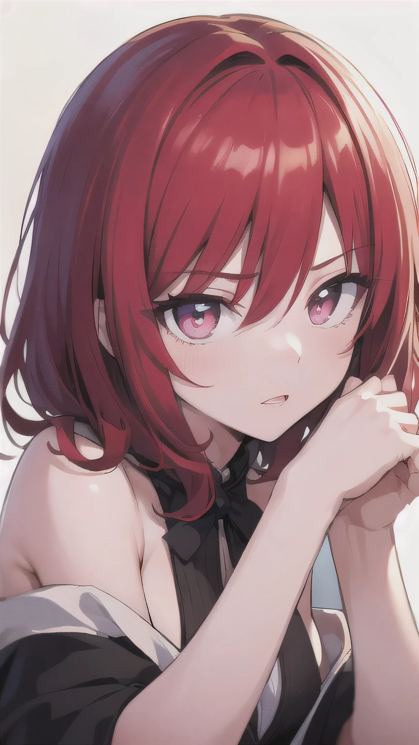 One person, High resolution, Bangs between the eyes, masterpiece, Highest quality, Medium Hair, Red hair,Pink eyes, anime, 